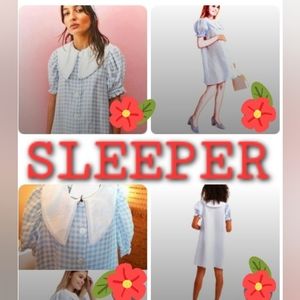 SLEEPER MARIE Blue Checks Collar VICHY Linen  Babydoll Preppy DRESS Scarf XS NWT